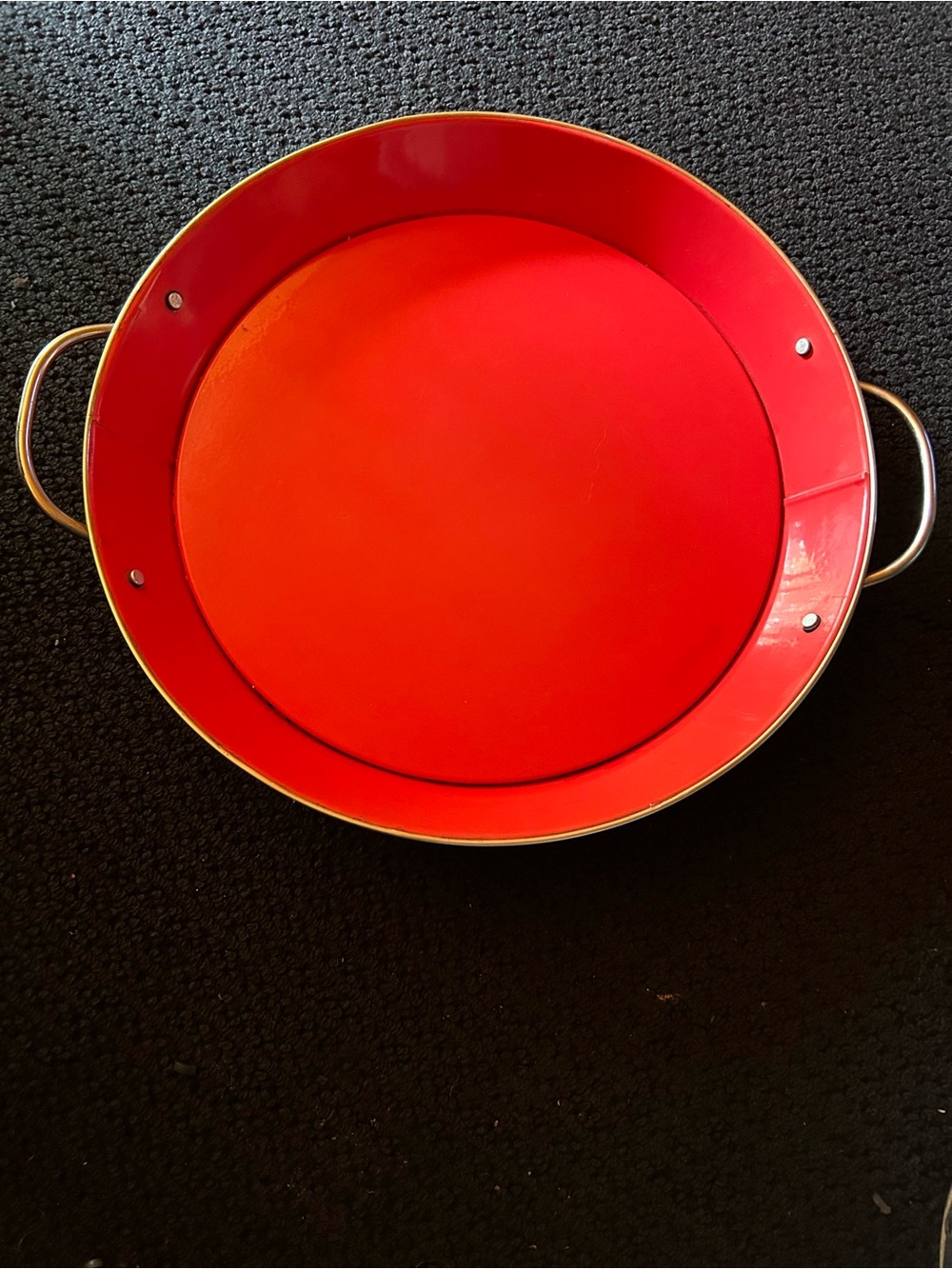 Tag Red Round Metal Serving Tray with Silver  Handles